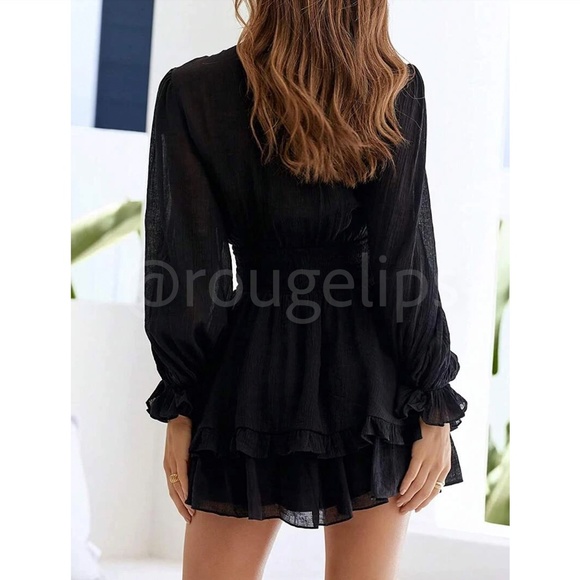 Black Boho Mini Dress Frill, Ruffle Hem Shirred Waist Fit & Flare - Picture 5 of 8